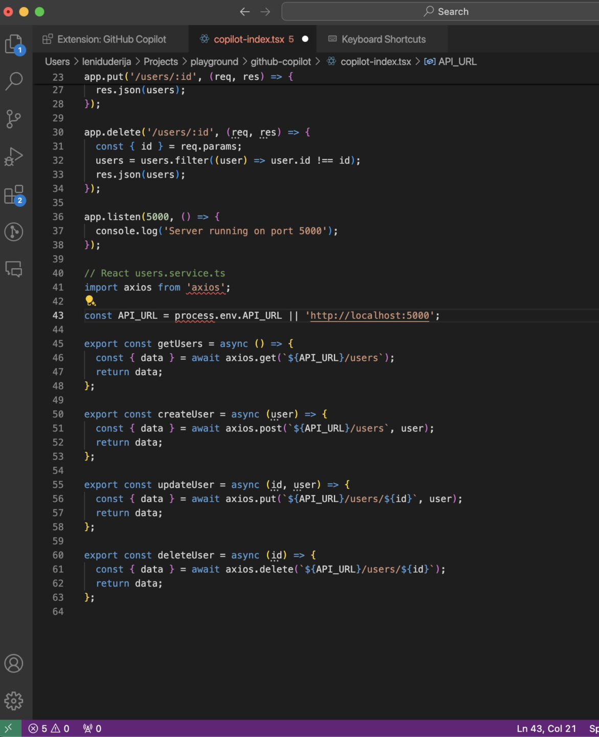 Example 12: Generating users.service.ts File Based on Previously Generated CRUD Operations