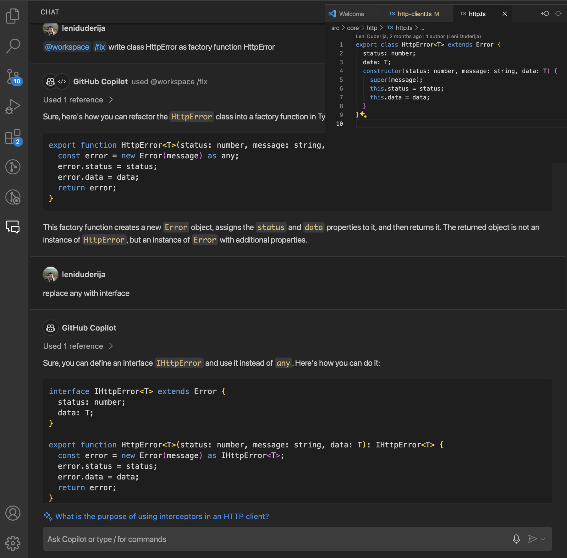 Example 17: Replacing Class Constructor with Factory Function Using GitHub Copilot Chat