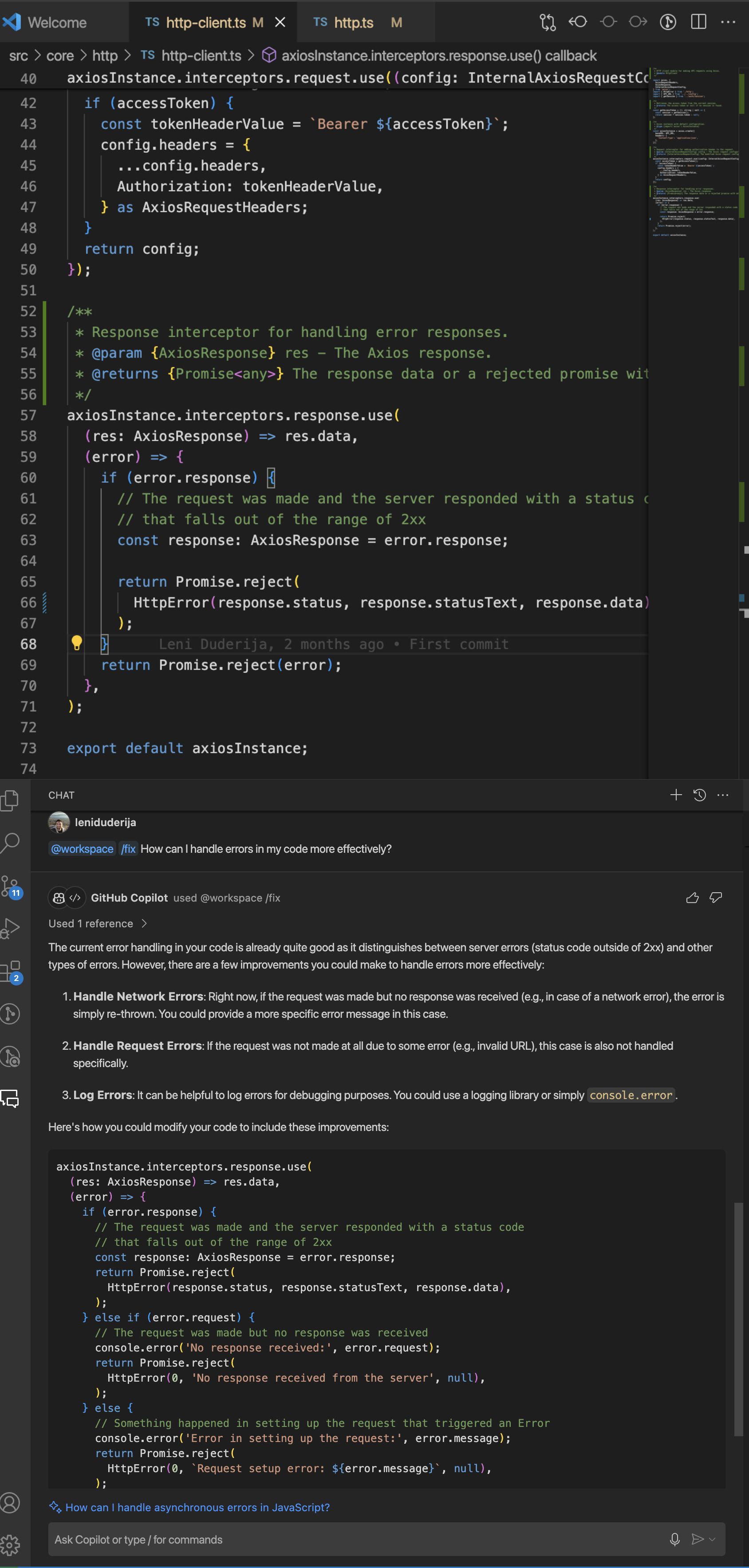 Example 18: Requesting Error Suggestions in a Different Manner with GitHub Copilot Chat 