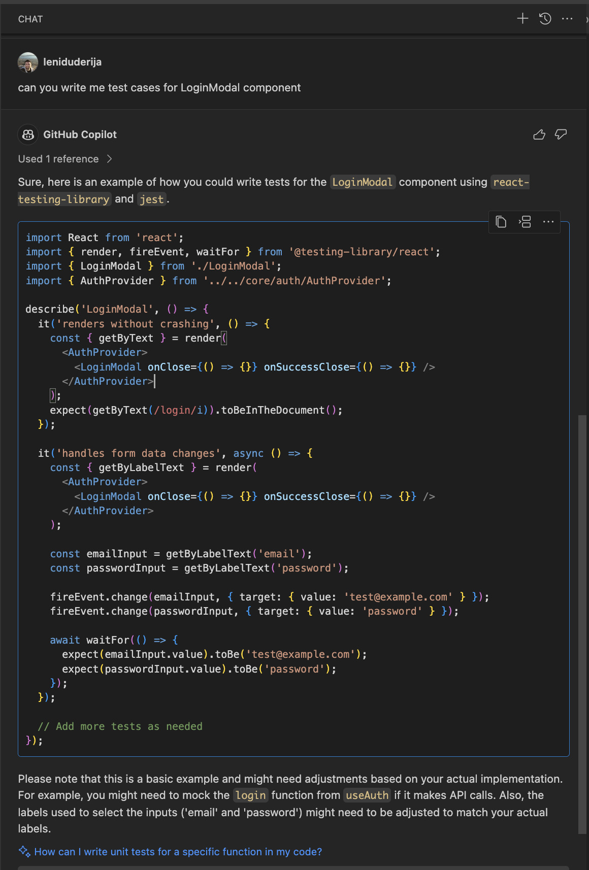 Example 25: Generating Test Cases for Modal Component with Login Form Using GitHub Copilot Chat