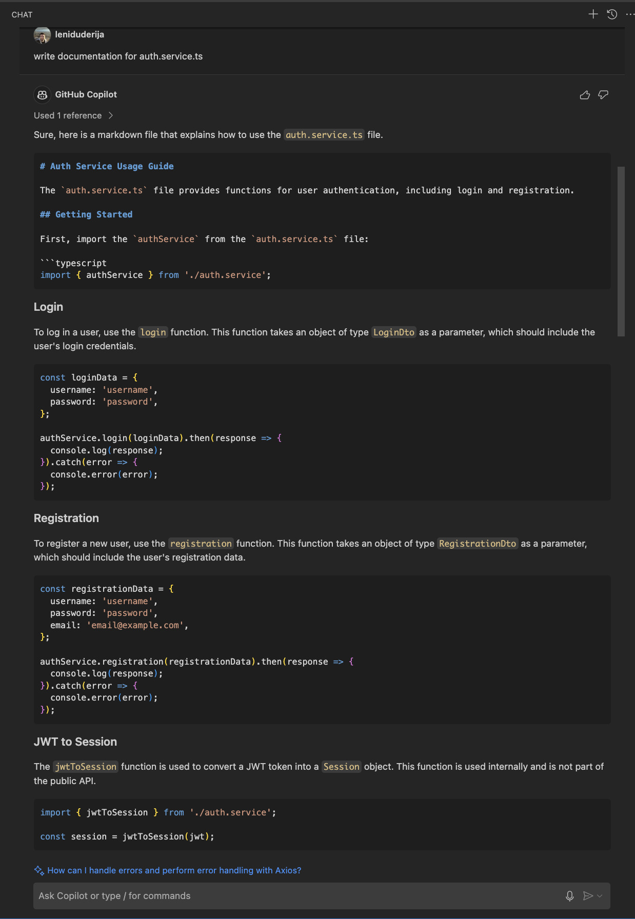 Example 27: Generating Markdown File for Requested Documentation Using GitHub Copilot