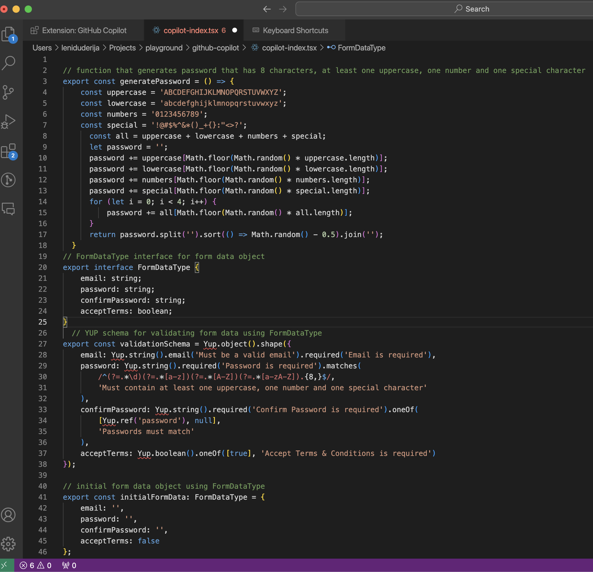 Example 7: Password Generator Function, Form Initialization with Yup, Initial Data, and TypeScript Interface Creation 