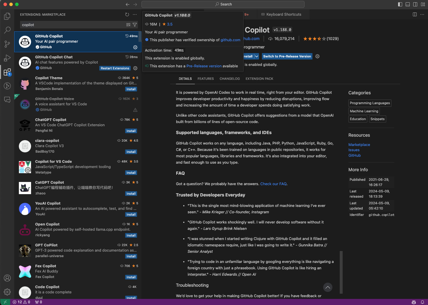 GitHub Copilot extension in VS Code Marketplace 
